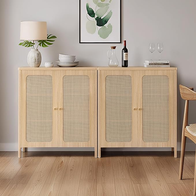 Rattan Sideboard Buffet Cabinet 2 Door Boho Kitchen Storage Cabinet Accent Console for Living Room, Hallway, Kitchen, Sideboard, Buffet Table Natural Oak