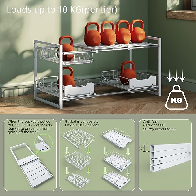 Under Sink Organizers and Storage,Kitchen Cabinet Organizer,2 Tier Under Sink Expandable Shelves,Bathroom Cabinet Organizer with Pull Out Drawers,(30.9-31.64)" W x 14.69" D x 15.83" H,White