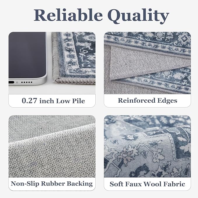 Blue Gray Living Room Rug 6x9, Washable Non Slip Transitional Medallion Rug for Dining Room Under Table, Modern Vintage Distressed Low Pile Thin Carpet Rugs for Den Bedrom Home Office