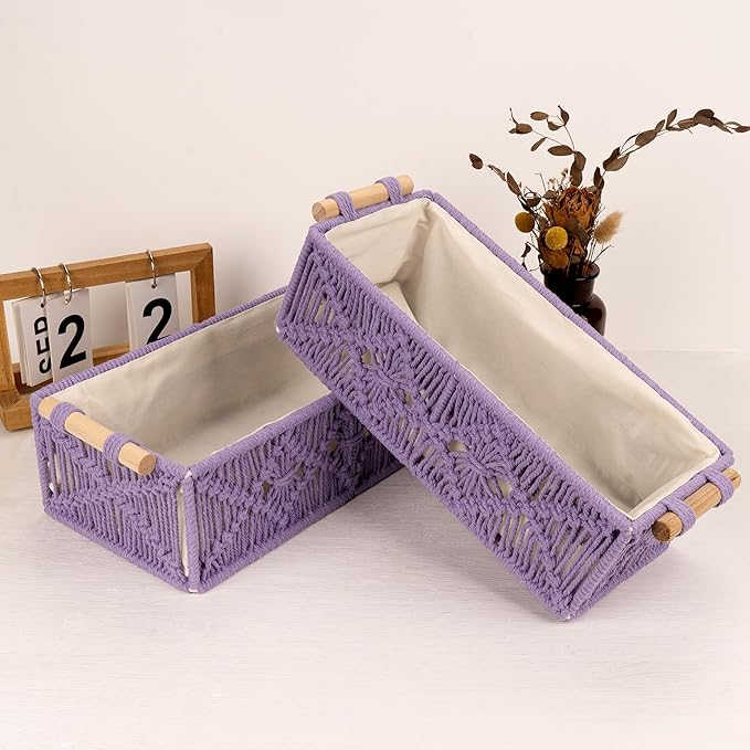 Purple Macrame Storage Baskets, Boho Woven Decor Organizer for Countertop Toilet Tank Shelf Cabinet Bathroom Living Room Entryway (Set of 2)