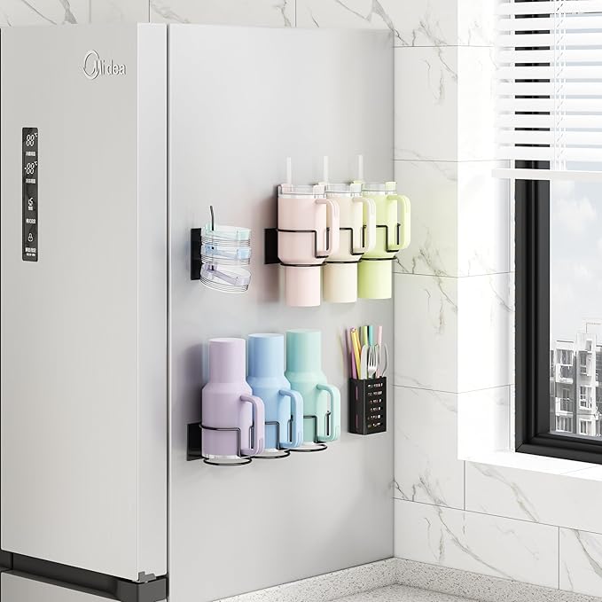 Magnetic Cup Holder for Refrigerator, Fits Stanley 20/30/40 oz Tumblers, Water Bottles Organizer with Lid Rack & Straw Holder Black Kitchen Cup Storage Rack for Stanley Cup Accessories