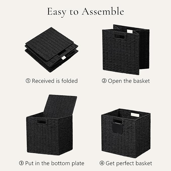 UBBCARE 4 Pack Wicker Basket, 13×13 Storage Cubes with Label, Foldable Cube Storage Bin with Handle, Square Storage Basket for Shelves, Woven Paper Rope Basket for Organizing, Black