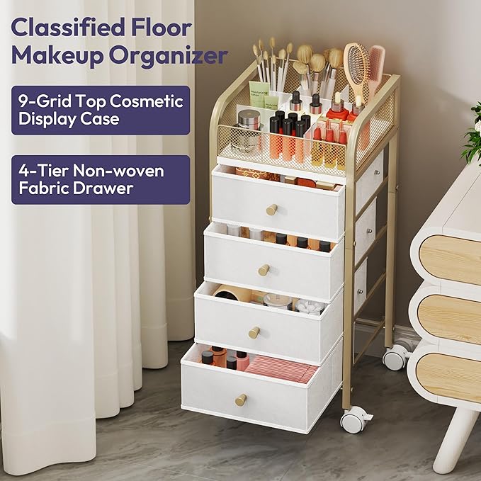 SWTYMIKI Rolling Makeup Organizer Cart - Floor Skincare Make Up Storage with 4 Non-woven Drawers, Vanity Organizer Cosmetic Display Cases Cabinet for Skin Care Perfume Nail Polish Brush Hair Tool