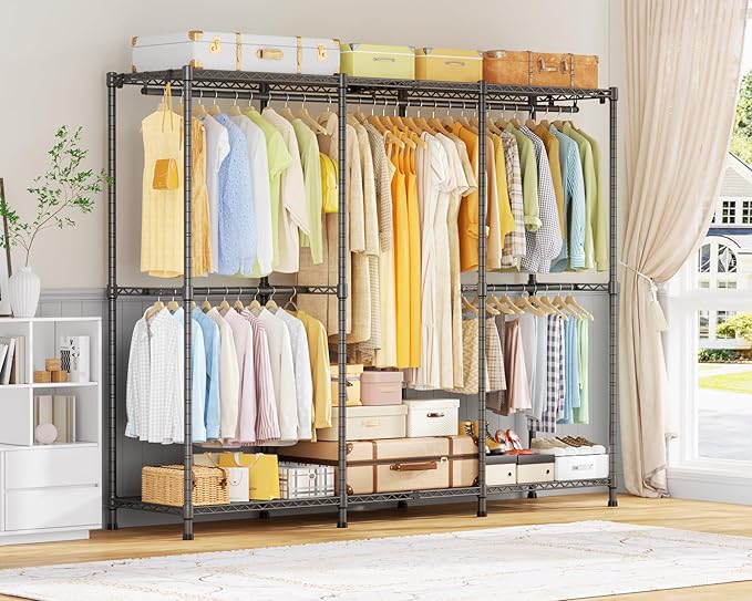 E14 Pro Heavy Duty Clothes Rack,Freestanding Clothing Racks for Hanging Clothes,Adjustable Closet Organizers and Storage,Metal Garment Rack with Shelves 69"W x16"D x77"H,Max Load 960LBS,Grey
