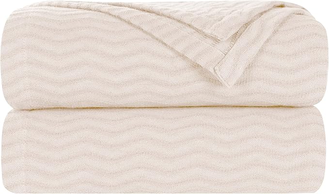 Superior JENA Cotton Blanket, for Picnic, Beach, Traveling or Camping, Bedroom Decor, Essentials, Cover for Bed, Couch, Lounging, Textured Jacquard, Modern Chevron Woven Blanket, Full/Queen, Ivory