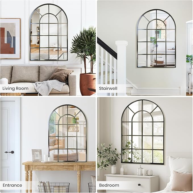 Arched Windowpane Wall Mirror 30"x48" Bronze Wall Mounted Art Pane Mirror Farmhouse Decorative Mirror Leaning Hanging Wall Mirror for Bedroom Living Room Entrance Hallway Wall Decor
