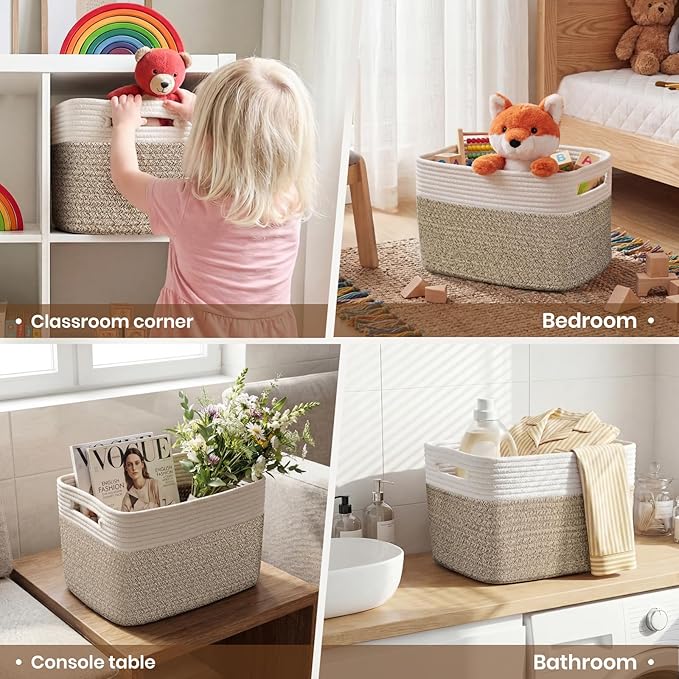 Storage Baskets for Organizing, 14 x 10 x 9” Closet Shelf Woven Baskets, Square Bins with Handles, Cotton Rope Basket for Toys, Clothes, Office, Room, White+Rice Brown 1 Pack