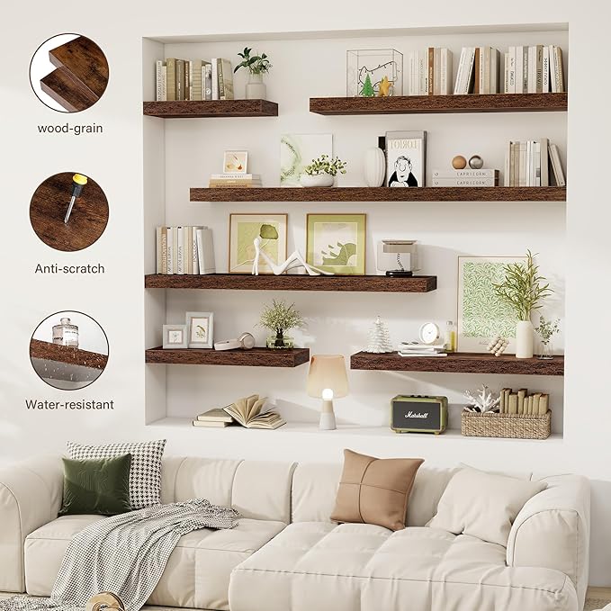 55 Inch Floating Shelves, 12" Deep Floating Shelf Wall Mounted, 55" Wall Shelves, Rustic Deep Bookshelf, Extra Deeper & Thicker Display Shelves for Bedroom, Living Room, Brown, Set of 2