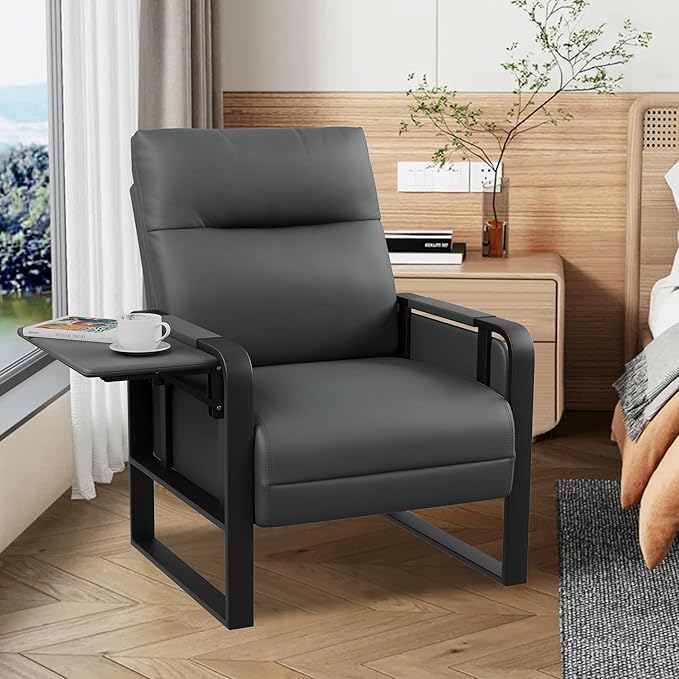 Modern Faux Leather Accent Chair Upholstered Armchair with Side Table for Bedroom Living Room Chairs Office Chair Grey Leisure Chair