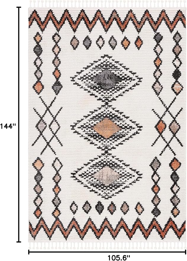 SAFAVIEH Moroccan Tassels Collection Area Rug - 8'8" x 12', Ivory & Orange, Modern Boho Rustic Design, Non-Shedding & Easy Care, Ideal for High Traffic Areas in Living Room, Bedroom (MRT105A)