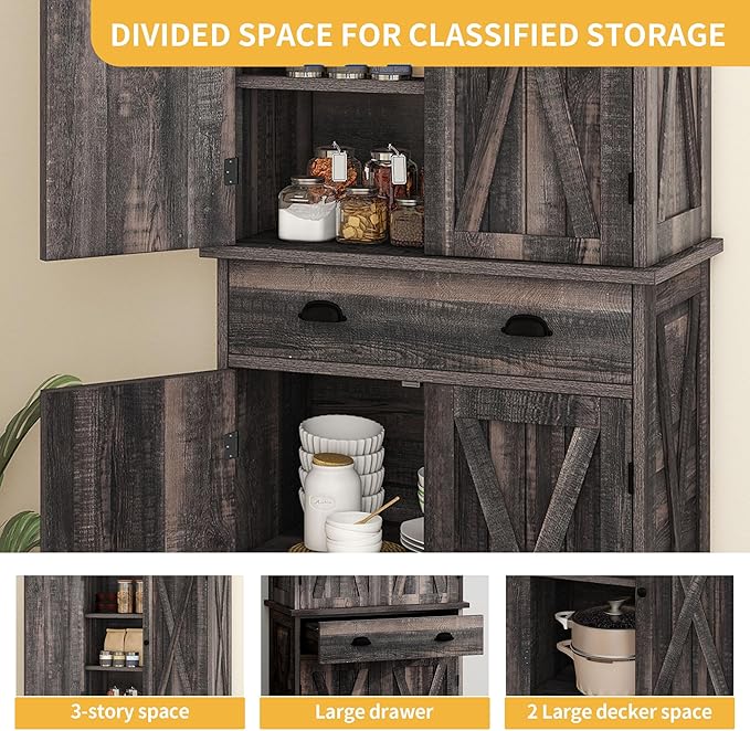 DWVO 72'' Farmhouse Kitchen Pantry, Rustic Wood Kitchen Storage Cabinets with Adjustable Shelves & Drawer, Tall Freestanding Cupboard for Dining Room, Living Room, Dark Gray