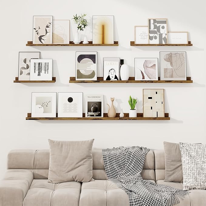 RICHFOCUS Picture Ledge Shelf, 48 inch Floating Shelves Set of 2, Wood Wall Shelves with Lip, Wall Decor Storage for Bedroom Living Room Bathroom Kitchen Nursery Photo Picture, Rustic Brown