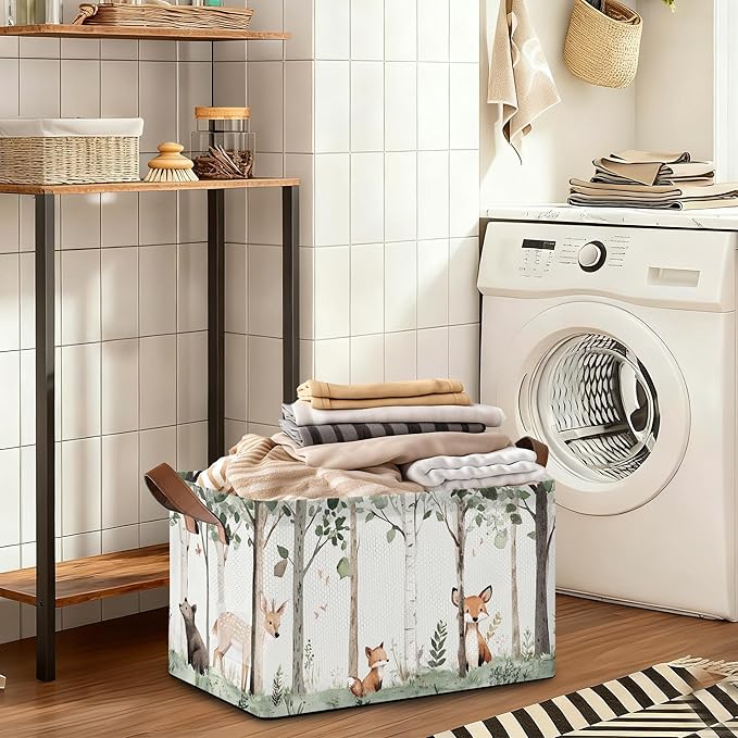 Forest Animal Storage Bin with Handles, Basket Storage Organizer for Shelves, Closet, Nursery, Book, Laundry Hamper & Home Decor