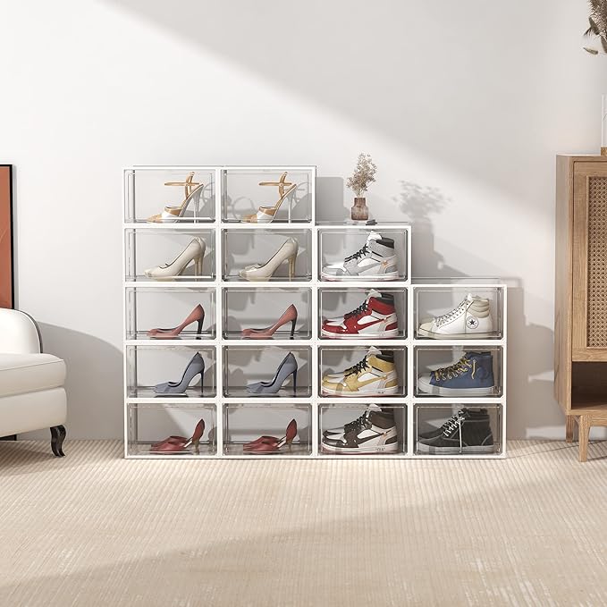 SEE SPRING 6 Pack Shoe Storage Box, Clear Plastic Stackable Shoe Organizer for Closet, X-Large Shoe Containers Bins Holders for Display Sneaker Fit up to Size 14 (Clear)