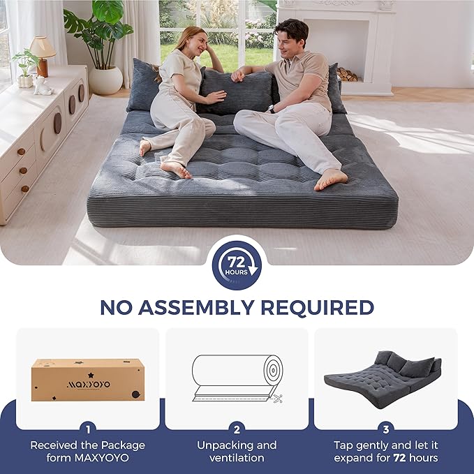 MAXYOYO Folding Sofa Couch, Convertible Floor Sleeper Couch with 3 Pillows, Tufted Floor Oversized Loveseat Couch Tufted Fold Out Chair Bed Comfy Sofa Lounge for Living Room Bedroom, Dark Grey