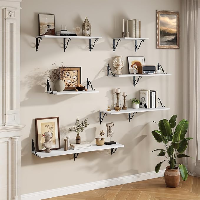 RICHFOCUS 12 Inch Deep Floating Shelves for Wall, 55" W x 12" D Wood Wall Shelves Set of 2, Wide Floating Shelves for Living Room, Bedroom, Kitchen, Bathroom and Decor Storage, White