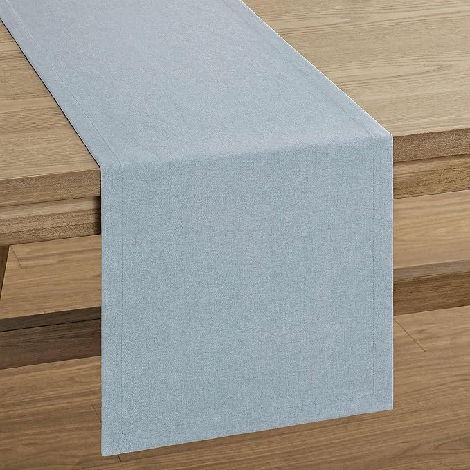 ZeeMart Basic Linen Style Table Runner, 14 x 90 Inch Blue Chambray, Rustic Farmhouse Light Dusty Blue Table Runners 90 Inches Long, Everyday Polyester Table Runner - Machine Washable & Easy Care