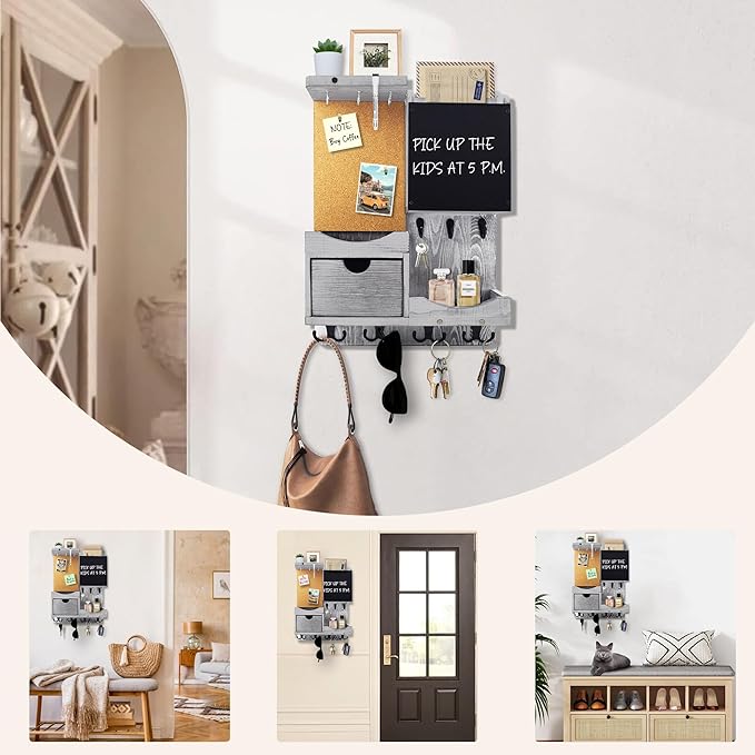Key Holder Wall Mount, Mail Organizer Key Holder for Wall with Shelf, Drawer, Chalkboard, Corkboard, Home Decor Wall Mounted for Room Entryway(Grey)