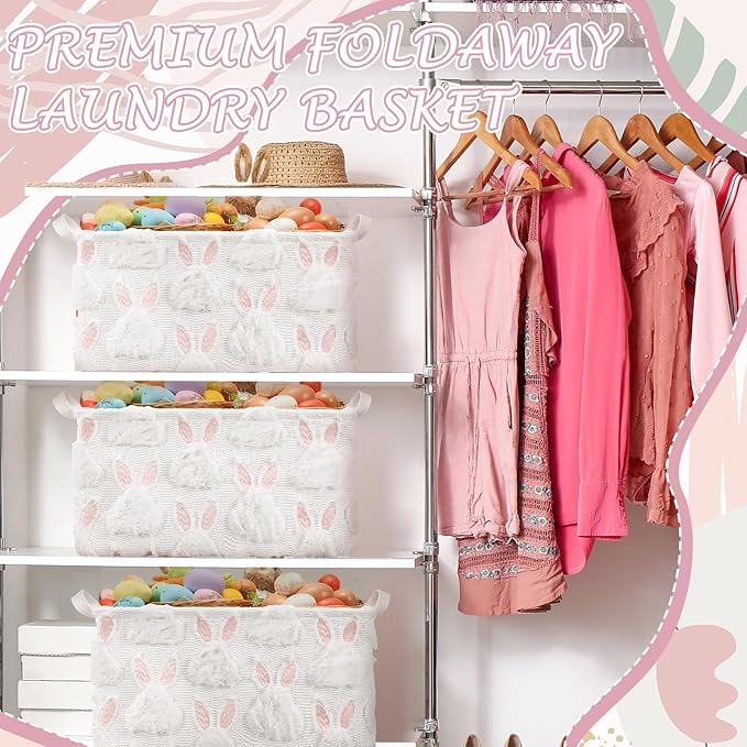 Kathfly 3 Pcs Easter Storage Bin Jacquard Design Bunny Basket Box with Handle Large Storage Baskets Foldable Rabbit Box for Easter Party Decoration