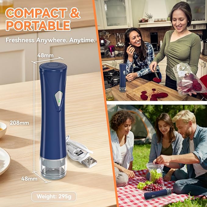 3-in-1 Compact Vacuum Sealer for Food with Bags & Mason Jar Kit, Saver 5X Fresh Longer, 15PCS Reusable Bags, Wide and Regular Mouth Kits, Wine Stopper for Kitchen Fridge Travel Seal Meal