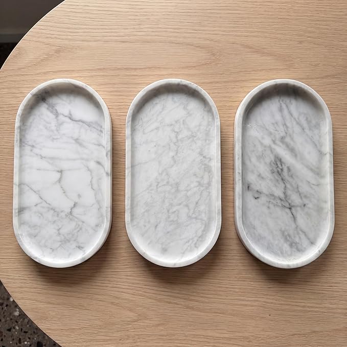 YKAJO 11.6" x 5.9" Oval Real Marble Tray for Bathroom & Kitchen Counter โ 100% Natural Stone Decorative Vanity Tray for Dresser & Perfume โ Heavy Catchall Organizer for Soap & Jewelry, White Gray