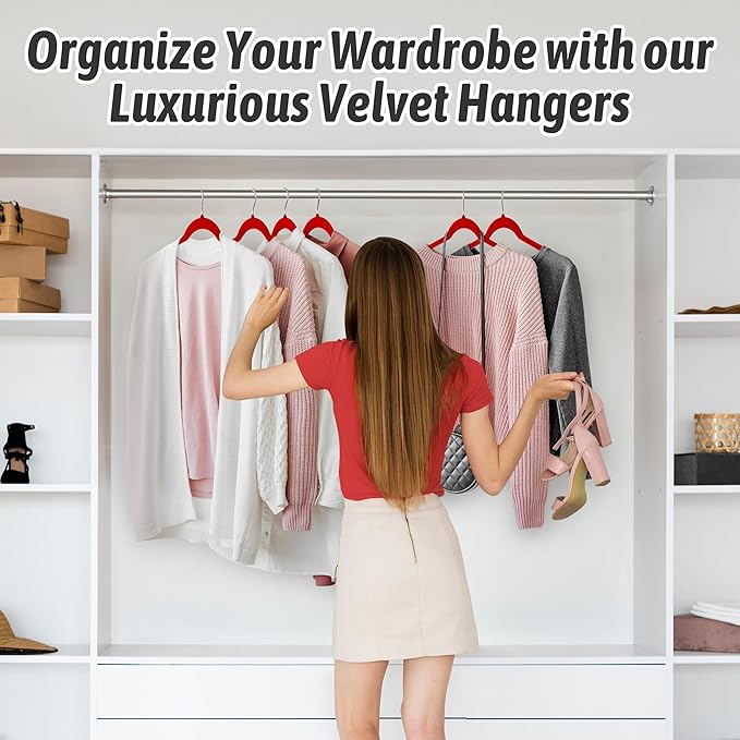 Velvet Hangers 50 Pack โ Slim Non-Slip Flocked Hangers with 360ยฐ Swivel Hook, Space-Saving Closet Organizer for Dresses, Blouses, Coats(Red)