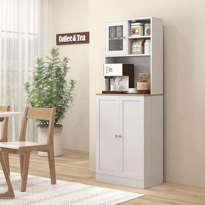 HOMCOM 67" Kitchen Pantry Cabinet with Microwave Shelf, Adjustable Shelves & 8 Door Storage, Modern Compact Kitchen Hutch, Freestanding Food Storage Cabinet with Glass Door for Dining Room, White