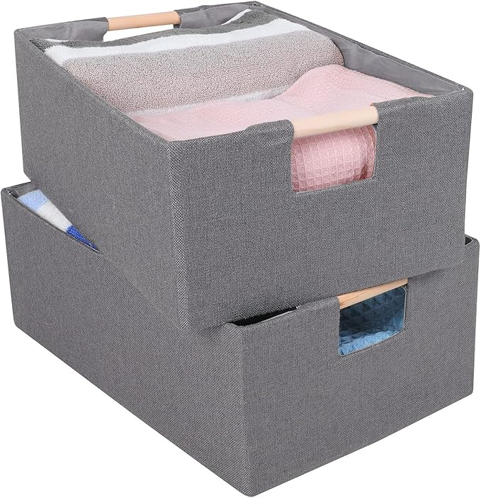 ANMINY 2PCS Storage Baskets for Organizing Collapsible Fabric Storage Bins Boxes with Wood Handles Closet Shelves Cube Organizer Bins Clothes Laundry Storage Container - Large, Gray
