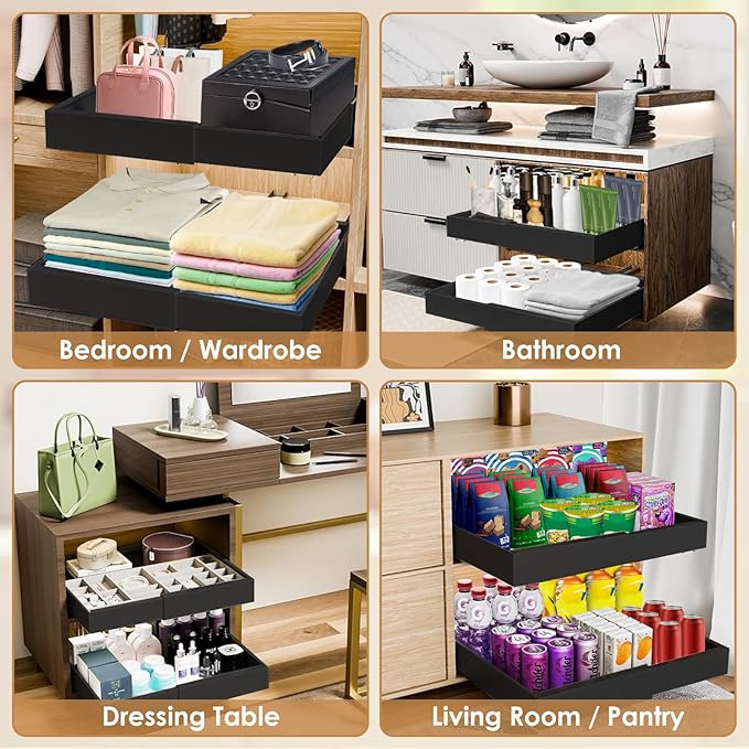 Expandable Pull Out Cabinet Organizer, 21" Deep Expandable (12.6" - 20.5") 3 Heavy Duty Slide Drawers Pull Out Drawers for Kitchen Storage Cabinet (Black)