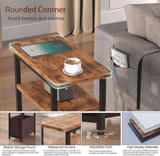 Narrow Side Table, Skinny End Tables with Fabric Basket, Small Side Tables for Small Space, 2-Tier Open Shelves with Basket, Slim Nightstands for Bedroom,Living Room,Office, Rustic Brown