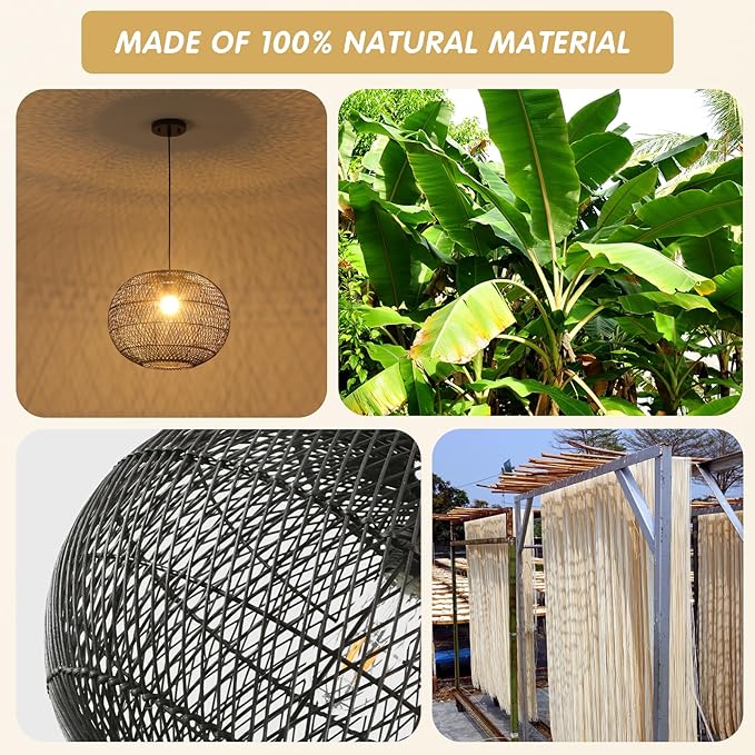 Black Rattan Pendant Light, 16in Globe Rattan Chandelier Boho Wicker Hanging Lighting Fixture Black Woven Chandelier for Dining Room Kitchen Island Living Room Bedroom Foyer Entrance