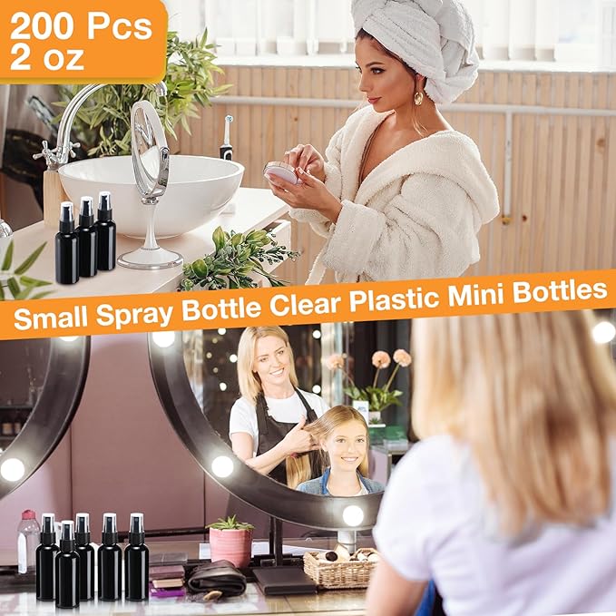 Zhehao 200 Pcs Small Spray Bottle Bulk 2 oz Plastic Mist Spray Bottles for Essential Oils Fine Mist Sprayer Reusable Refillable Portable Travel Containers for Perfume Cleaning Samples(Black)