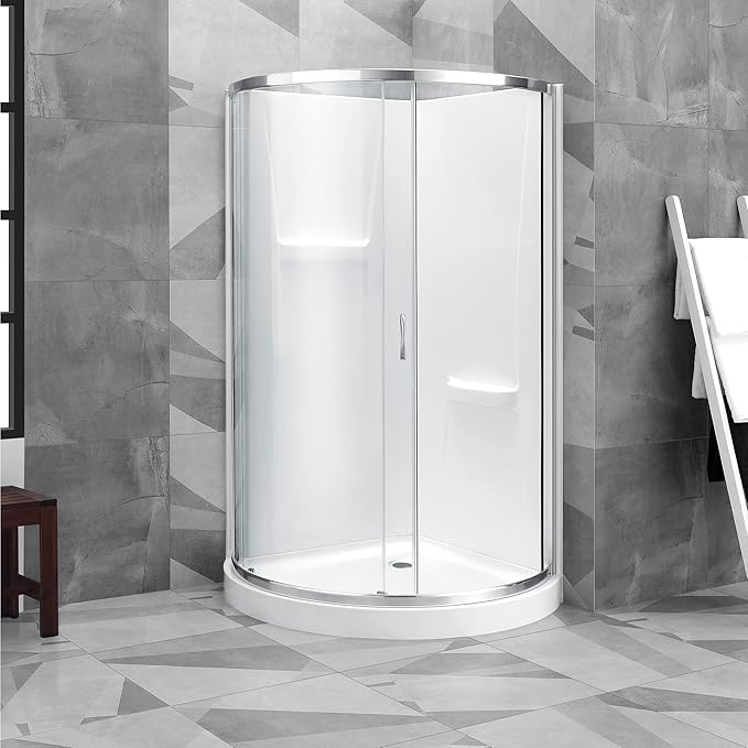 OVE Decors Breeze 34 in. Corner Shower Clear Sliding Door with Walls and Base in Satin Nickel Finish