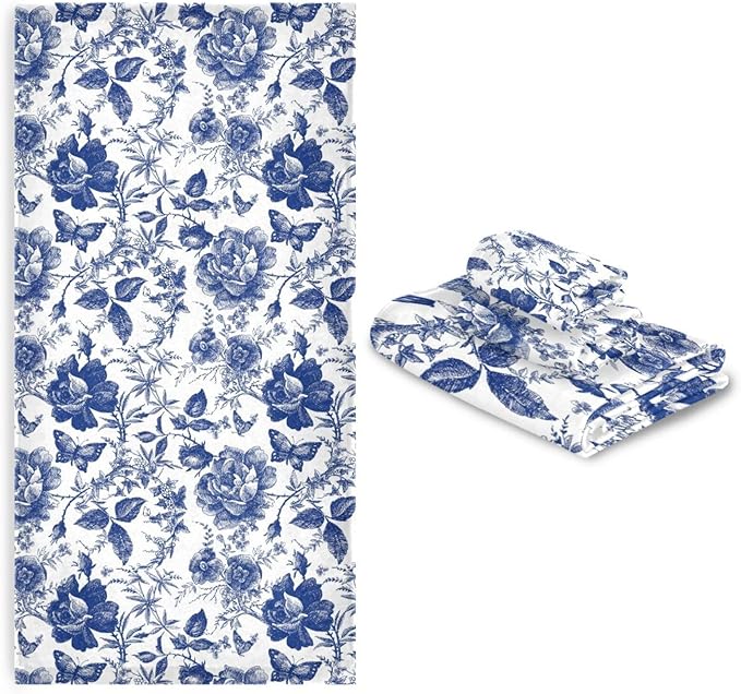 3 Piece Navy Blue Floral Leaves Bath Towel Set,Microfiber Decorative Vintage Chinoiserie Rose Flowers Leaf Bathroom Towels,1 Bath Towel 1 Hand Towel for Bathroom Kitchen,1 Washcloth for Face