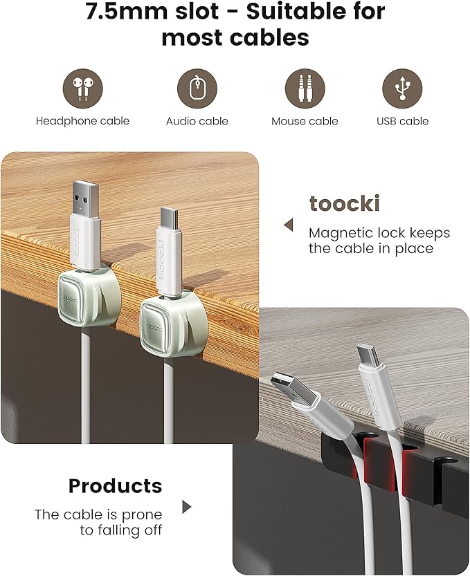 6 Pack Magnetic Cable Clips – Cord Organizer & Holder, Toocki Adhesive Cable Management, Wire Holder for USB Charging Cables, Ideal for Home, Office, Car, Desk, and Nightstand-Green