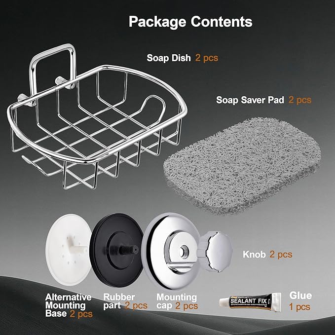 HASKO 2-Pack Suction Cup Soap Holder โ Bar Soap Dish for Shower with Hooks for Bathroom โ Optional Mounting with Adhesive Tape or Glue โ Includes 2 Soap Savers โ Polished Stainless Steel SS304