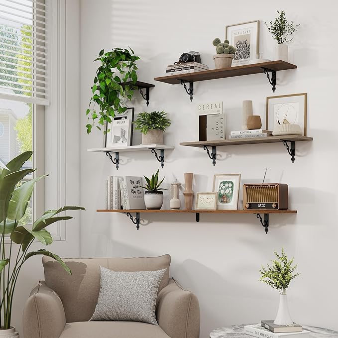 RICHFOCUS Floating Shelves for Wall Decor, 39.4W x 8D Shelves Set of 2, 8 Inch Deep Rustic Wood Shelves Wall Mounted with Brackets, Long Floating Shelves for Living Room Bedroom Kitchen, Walnut