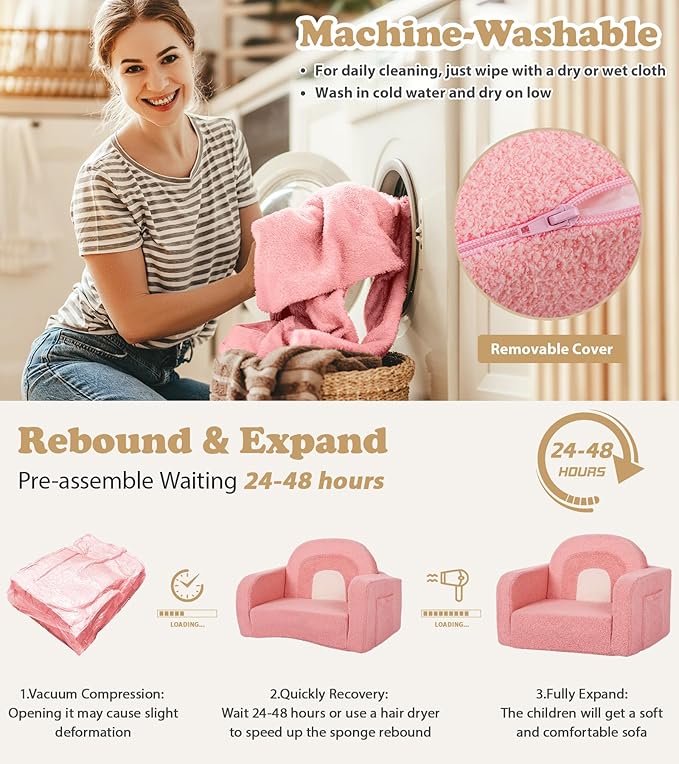 Kids Couch, 2-in-1 Soft Toddler Couch Fold Out with Blanket, Comfy Toddler Chair, Convertible Sofa, Gifts for Kids Girl Boys, Medium Pink Rainbow