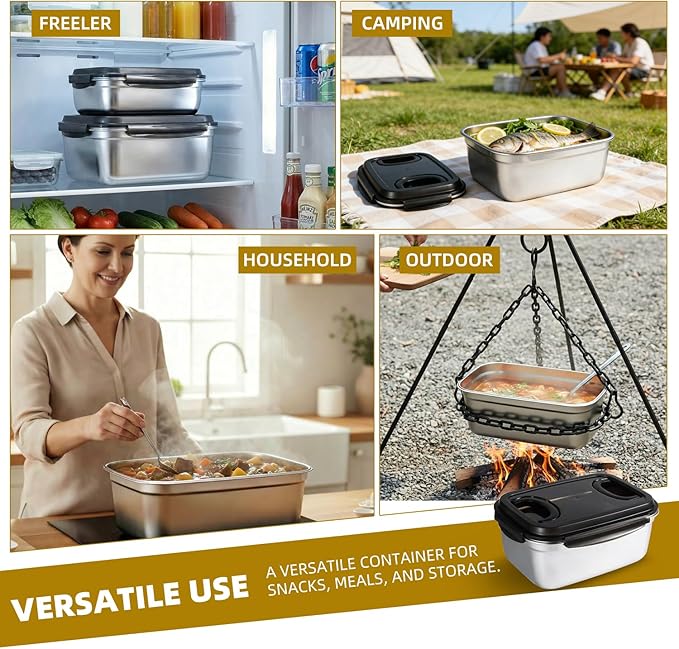 food prep stainless steel containers, turkey container, freezer safe, oven safe, suitable for open flame and induction stove, ideal for pickling kimchi (3.8L+7.5L+12L)