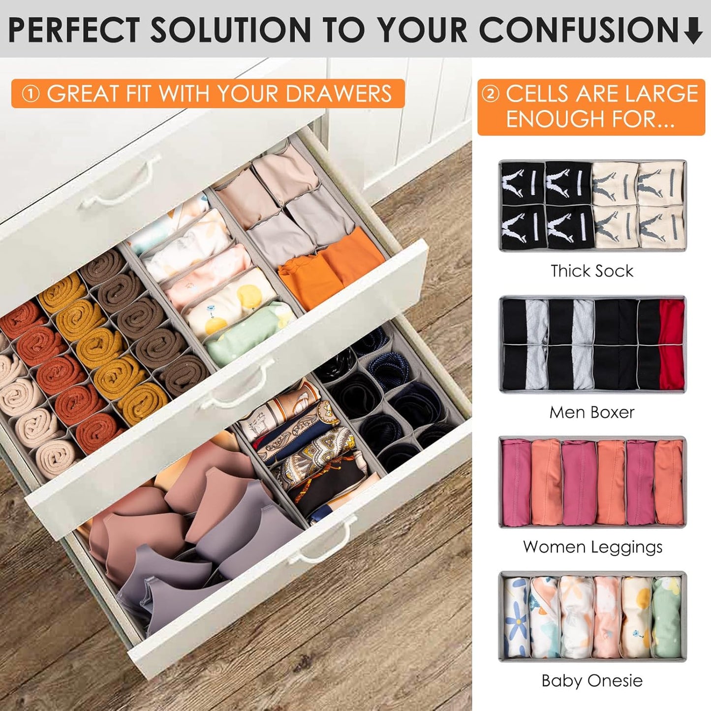 16 Pack Sock & Underwear Drawer Organizer — 96 Cells Foldable Fabric Dresser Divider Bins for Nursery, Baby Clothes & Bedroom Storage