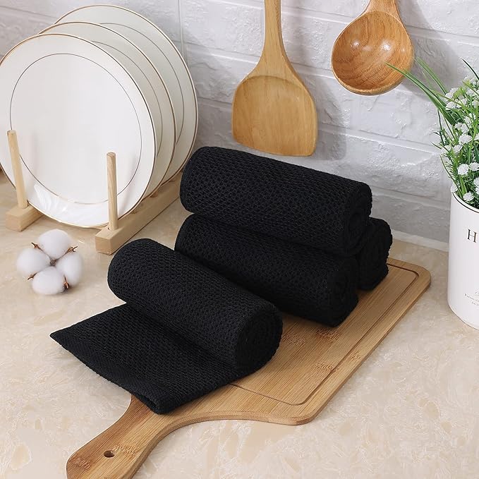 Kitinjoy 100% Cotton Waffle Weave Kitchen Hand Towels (13 x 28 Inches, Black), 4-Pack Super Soft and Absorbent Dish Towels for Drying Dishes