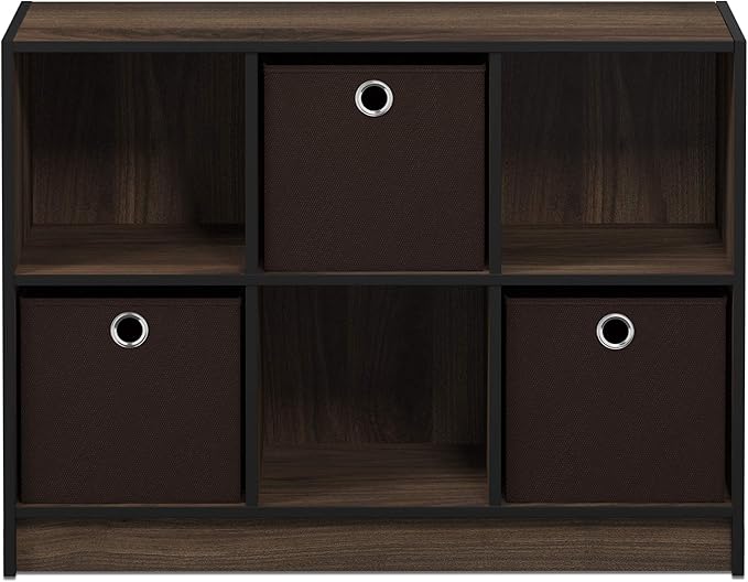 Furinno BASIC Book Shelf, 6-Cube Bookshelf with Open Shelf, 3 x 2 Bookcase with Storage Bins, Closed Back, Horizontal, 11.9" x 31.6" x 23.6", for Living Room, Bedroom, Home Office, Columbia Walnut