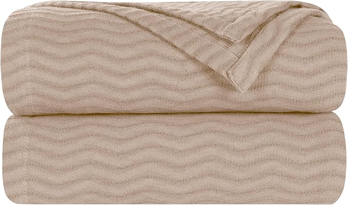 Superior JENA Cotton Blanket, for Picnic, Beach, Traveling or Camping, Bedroom Decor, Essentials, Cover for Bed, Couch, Lounging, Textured Jacquard, Modern Chevron Woven Blanket, Full/Queen, Khaki