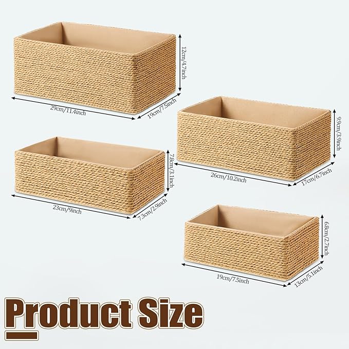 4 Set Wicker Storage Basket Hand Woven Paper Rope Storage Baskets Decorative Fruit Basket Stackable Wicker Baskets for Shelves Drawer Cupboards Organizing