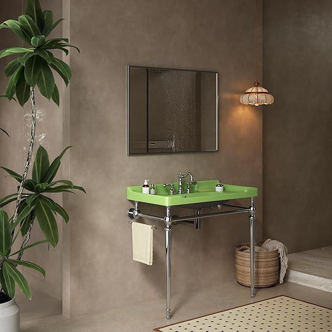 36" Bathroom Console Sink, Wall-Mounted Green Ceramic Vanity Basin with 3 Pre-drilled Faucet Holes, Freestanding Chrome Stainless Steel Support Legs with Towel Bar, No Faucet - Rome, Green