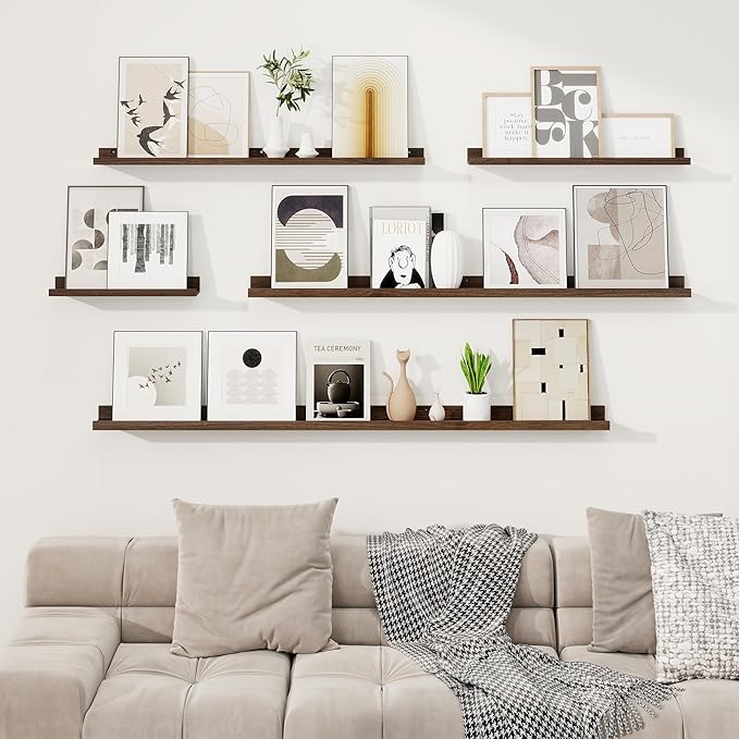 RICHFOCUS Picture Ledge Shelf, 16 inch Floating Shelves Set of 2, Wood Wall Shelves with Lip, Wall Decor Storage for Bedroom Living Room Bathroom Kitchen Nursery Photo Picture, Walnut