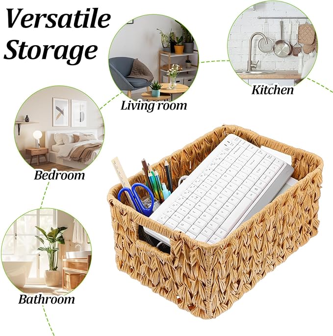 3 Pcs Plastic Water Hyacinth Wicker Baskets, 2 Sizes Large Rectangular Woven Storage Baskets with Handles for Home Organizing