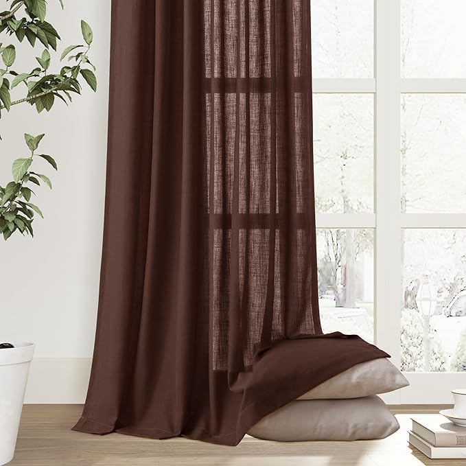 Joywell Rustic Brown Back Tab Rod Pocket Linen Curtains 96 Inches Long 2 Panels for Living Room Bedroom Neutral Boho Farmhouse Rustic Light Filtering Semi Sheer Curtains Window Treatment 52x96