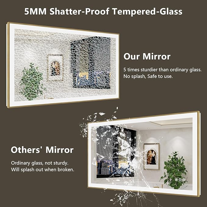28x36 Inch LED Bathroom Mirror with Lights (Front Lit and Backlit) Gold Framed Lighted Vanity Mirror for Bathroom Wall Dimmable Anti-Fog Memory Tempered Glass Horizontal/Vertical