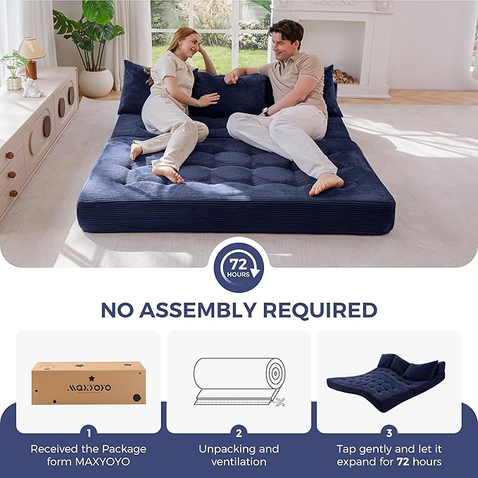 MAXYOYO Folding Sofa Couch, Convertible Floor Sleeper Couch with 3 Pillows, Tufted Floor Oversized Loveseat Couch Tufted Fold Out Chair Bed Comfy Sofa Lounge for Living Room Bedroom, Navy